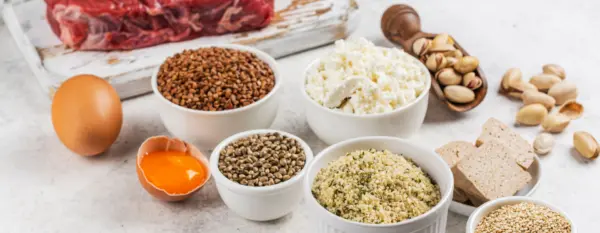 Eggs, cheese, nuts, in bowls